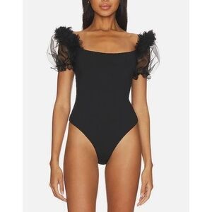 Free People Intimately Pretty Petals Black Straight Neck Puff Sleeve Bodysuit M